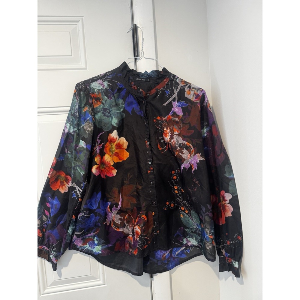 Johnny Was Jolene Ruffle Blouse Midnight Floral‎ M Silk Women's Top Flowers